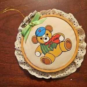 Heart Warmers Teddy Bear Ornament "LOVE" In Wood Embroidery Ring ~ Vintage 1985